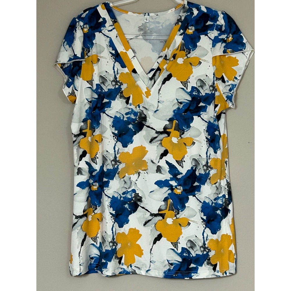 Women Floral V-Neck Short Sleeve Top Blue Yellow Abstract Print Size L